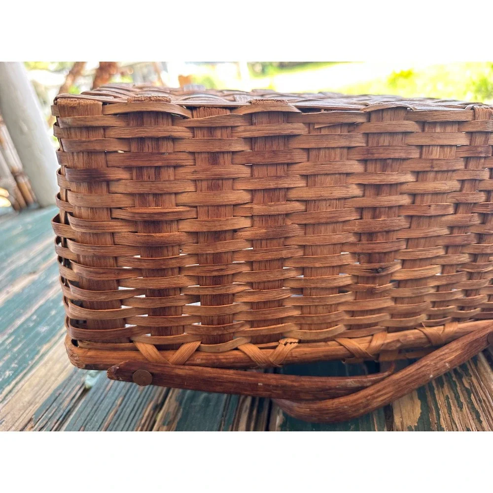 Hand Woven Splint Wood Basket Rectangular Picnic Garden Dual Swing Handle Vtg